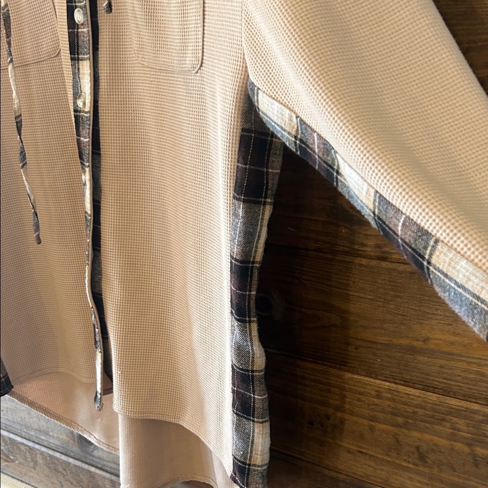 Plaid Accent Waffle Button Down Shirt - Tan - Picture 6 of 7